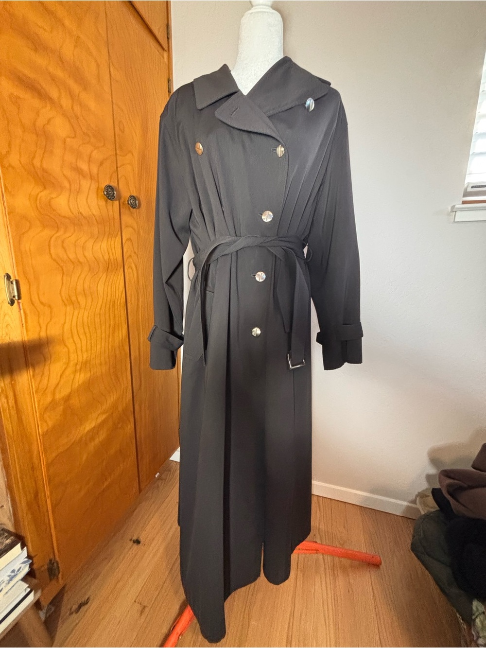 Hillary Radley 90s Black Double-Breasted Trench Coat with Belt